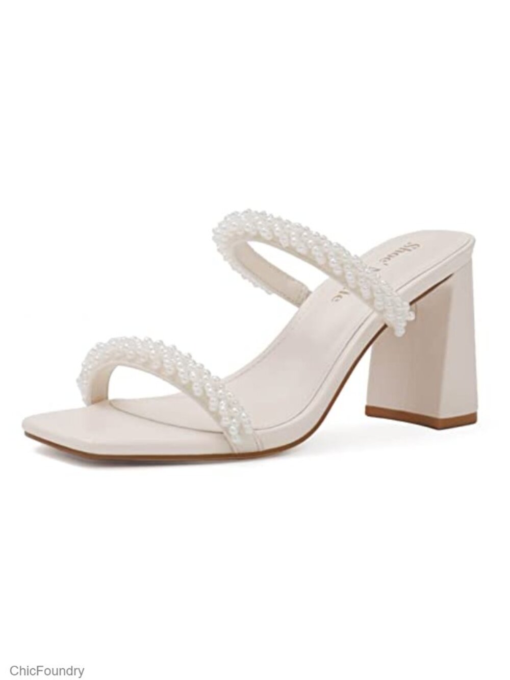 Faux Leather Pearl Strappy Chunky Heeled Sandals Square Toe Slip On Mules